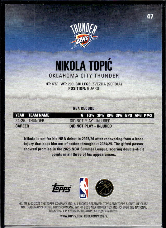 2025-26 Topps Signature Class #47 Nikola Topić - baksida