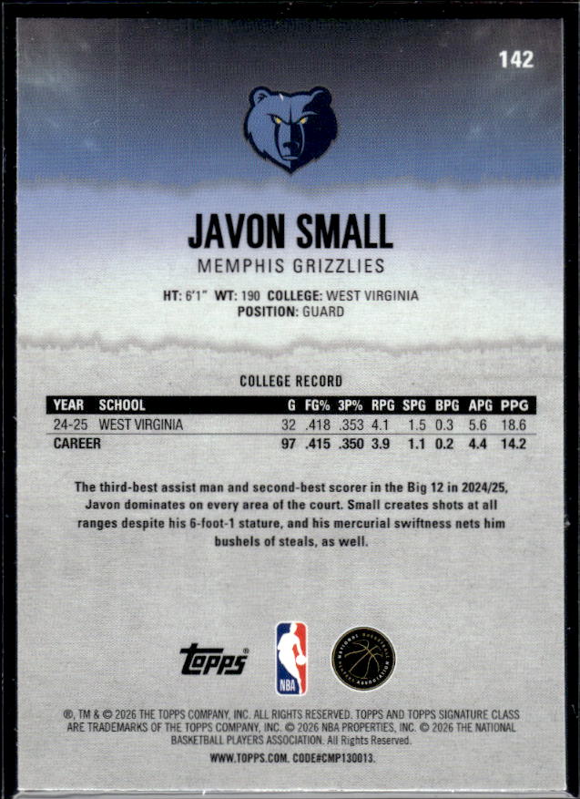 2025-26 Topps Signature Class #142 Javon Small Chrome Refractors - baksida