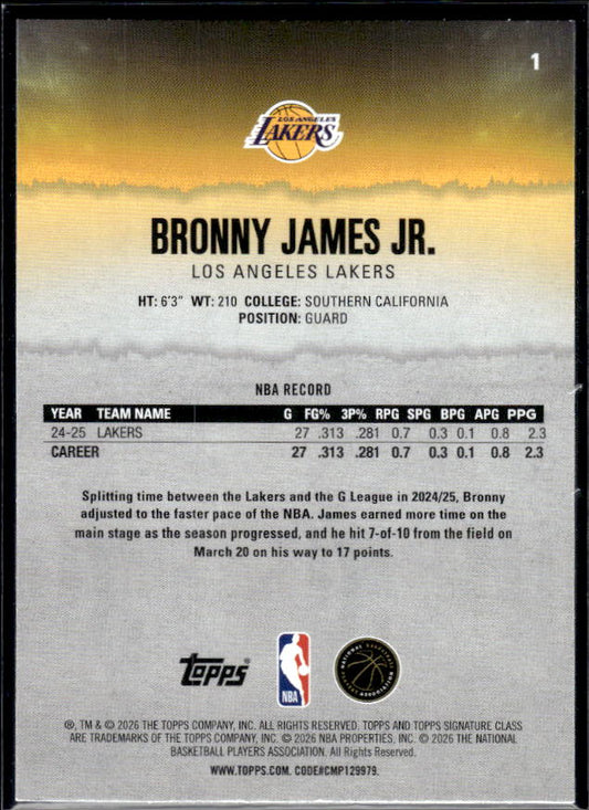 2025-26 Topps Signature Class #1 Bronny James Jr. - baksida