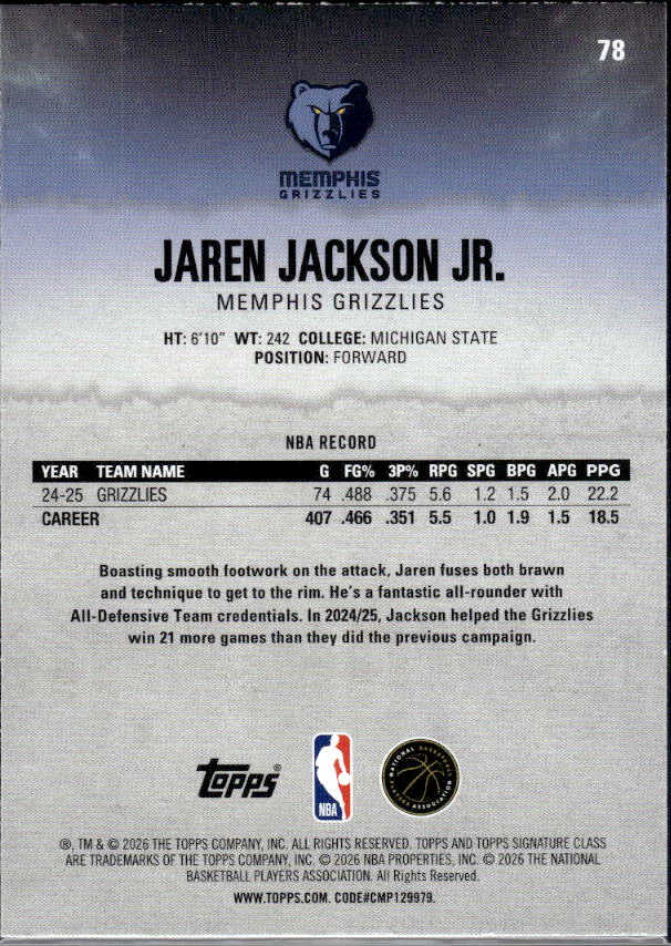 2025-26 Topps Signature Class #78 Jaren Jackson Jr. - baksida