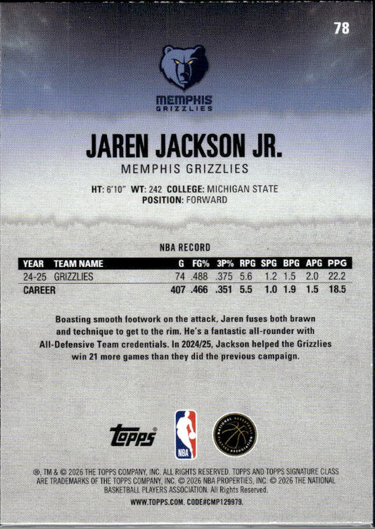 2025-26 Topps Signature Class #78 Jaren Jackson Jr. - baksida