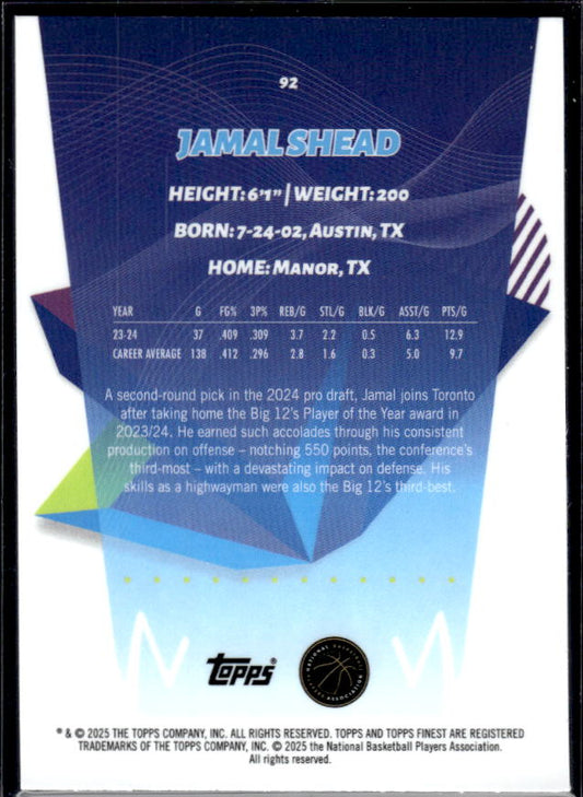 2024-25 Finest #92 Jamal Shead - baksida