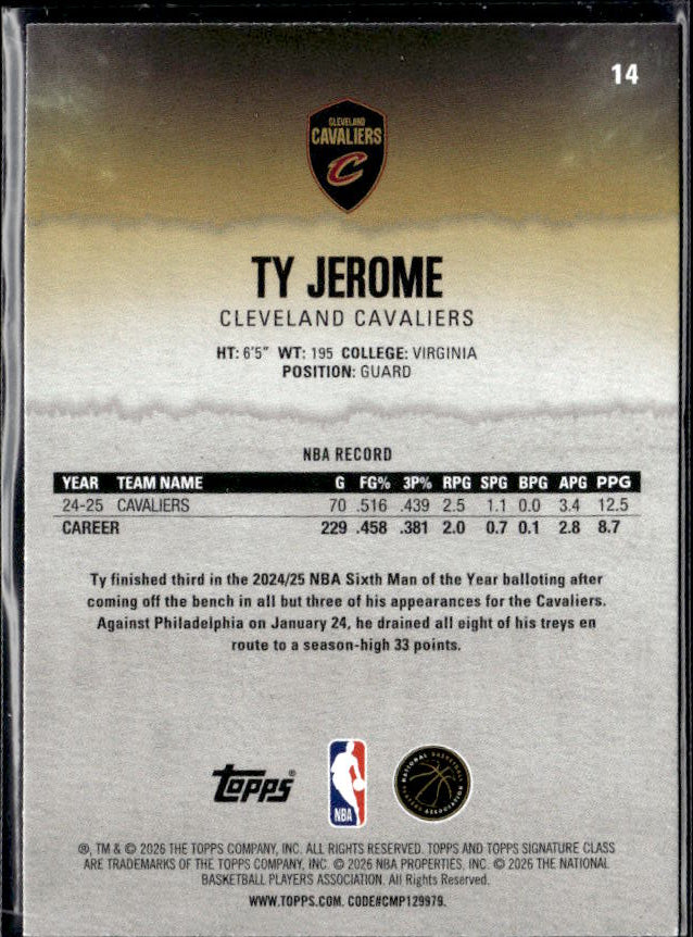 2025-26 Topps Signature Class #14 Ty Jerome - baksida