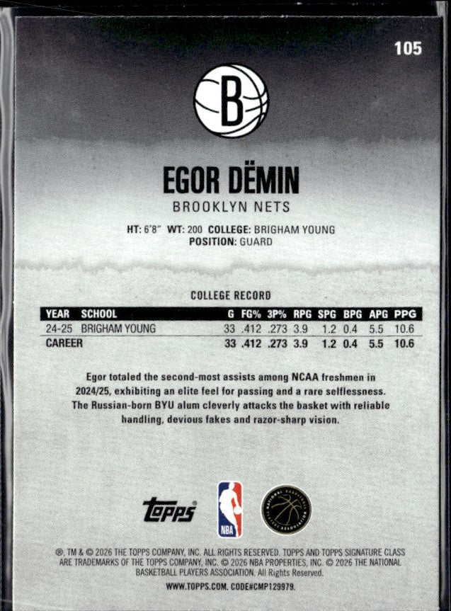 2025-26 Topps Signature Class #105 Egor Dëmin - baksida