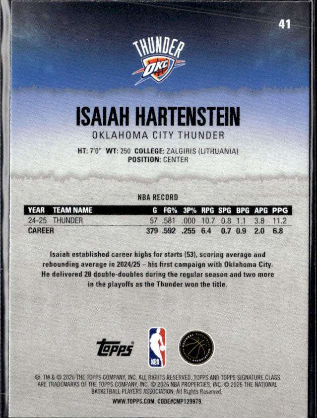 2025-26 Topps Signature Class #41 Isaiah Hartenstein - baksida