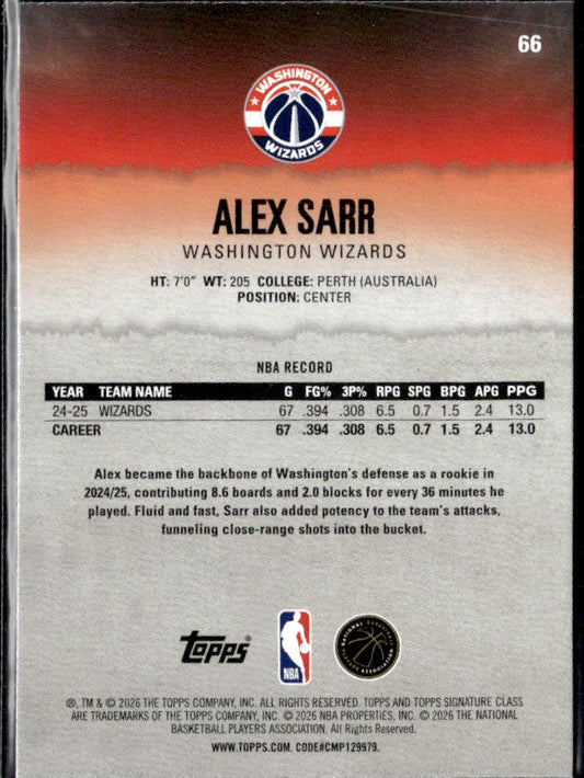 2025-26 Topps Signature Class #66 Alex Sarr - baksida