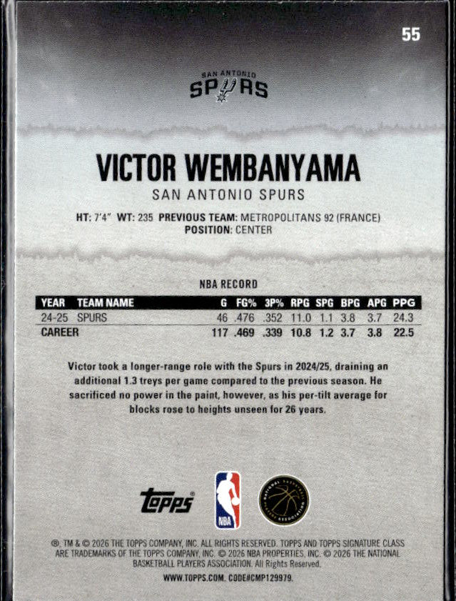 2025-26 Topps Signature Class #55 Victor Wembanyama - baksida