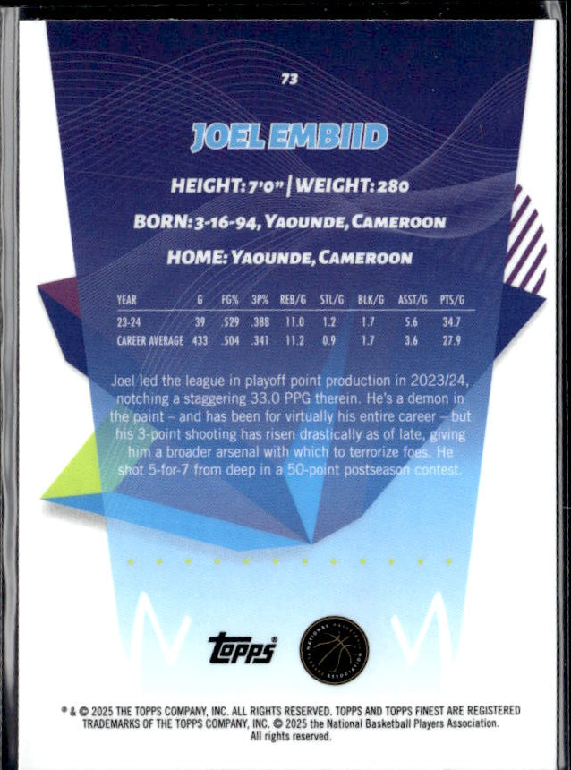 2024-25 Finest #73 Joel Embiid - baksida