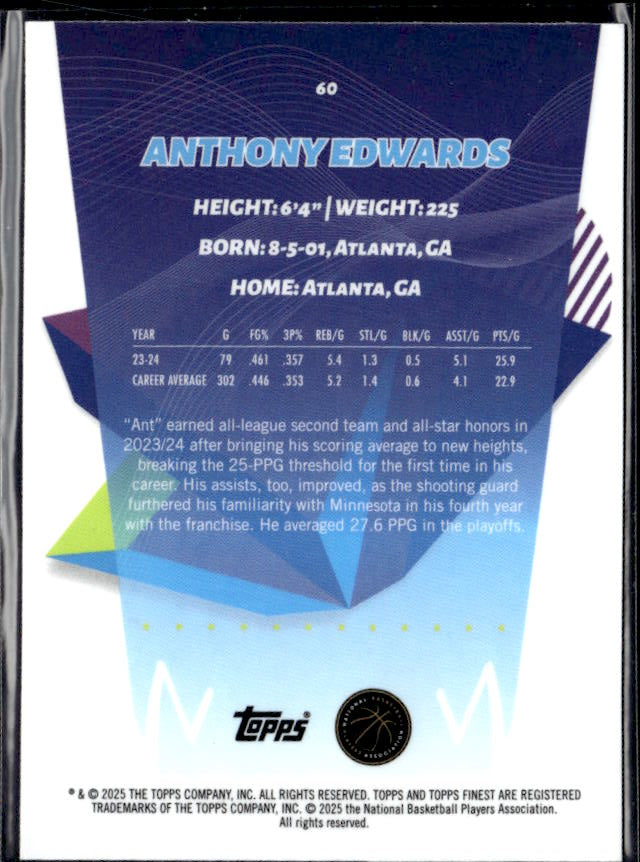 2024-25 Finest #60 Anthony Edwards - baksida
