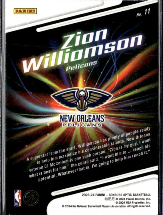 2023-24 Donruss Optic #11 Zion Williamson Lights Out Holo - baksida