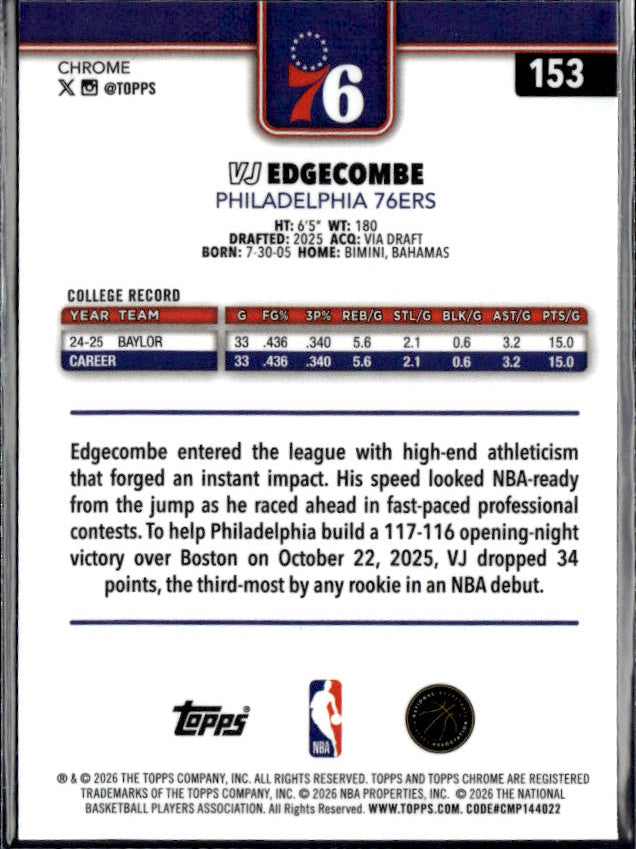 2025-26 Topps Chrome Update #153 VJ Edgecombe - baksida