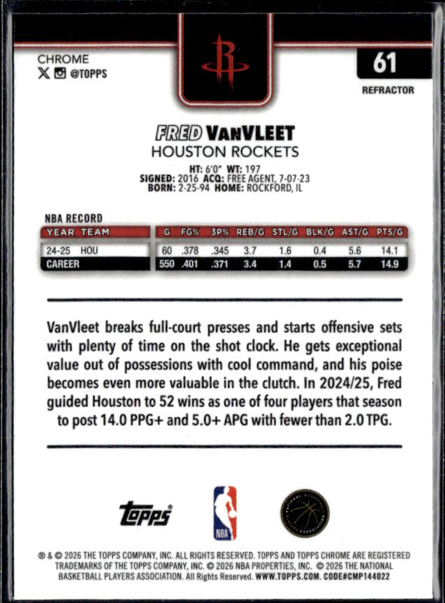 2025-26 Topps Chrome Update #61 Fred VanVleet - baksida