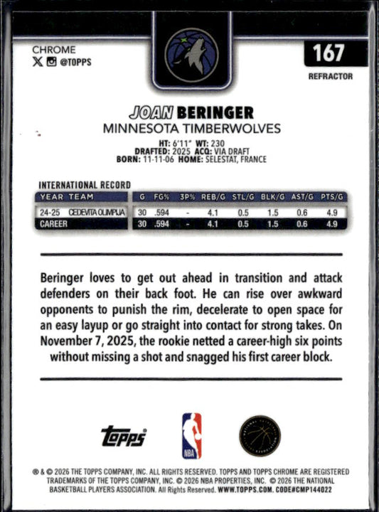 2025-26 Topps Chrome Update #167 Joan Beringer - baksida