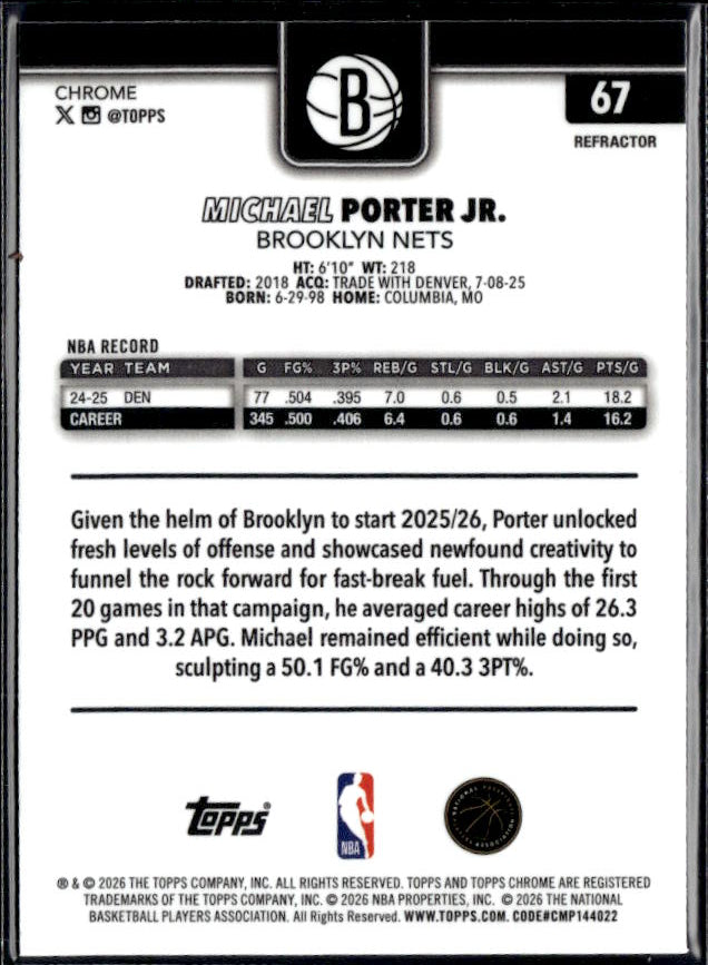 2025-26 Topps Chrome Update #67 Michael Porter Jr. - baksida