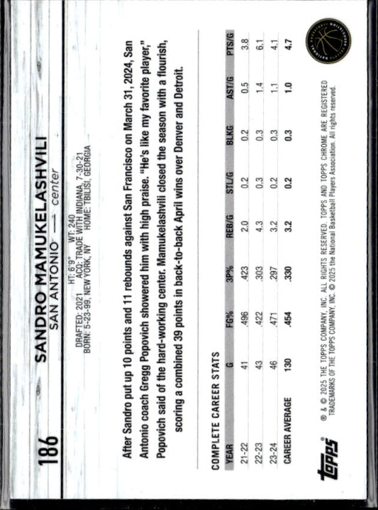 2024-25 Topps Chrome #186 Sandro Mamukelashvili - baksida