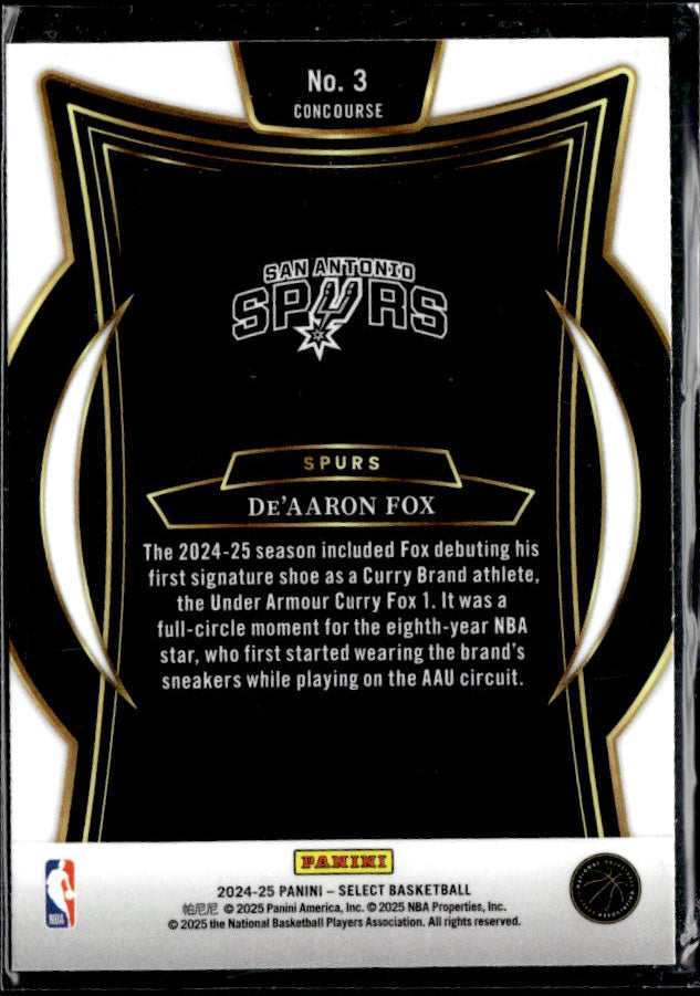 2024-25 Panini Select #3 De'Aaron Fox Blue (Retail) - baksida