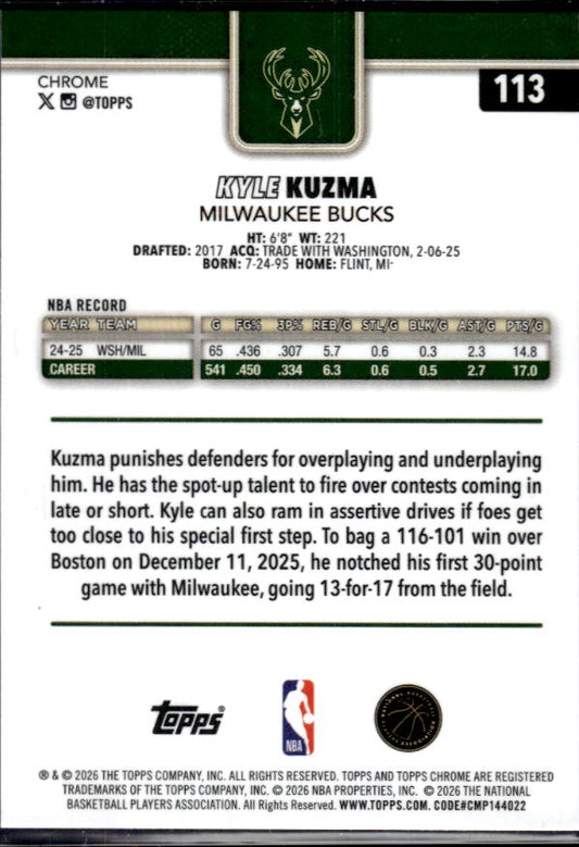 2025-26 Topps Chrome Update #113 Kyle Kuzma - baksida