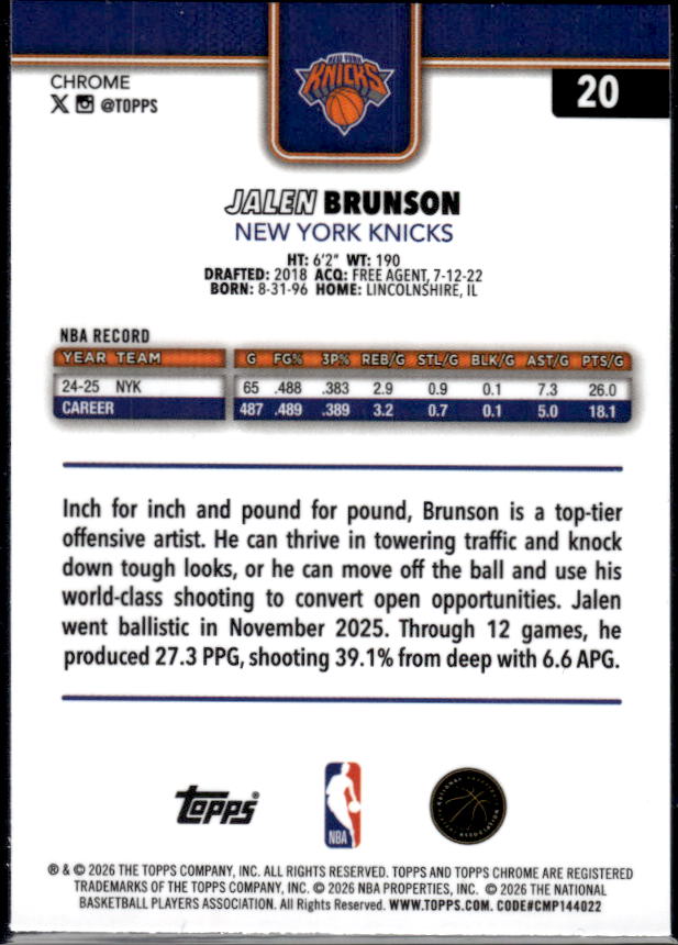 2025-26 Topps Chrome Update #20 Jalen Brunson - baksida