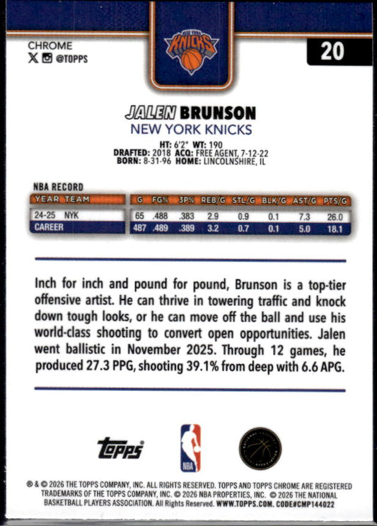 2025-26 Topps Chrome Update #20 Jalen Brunson - baksida