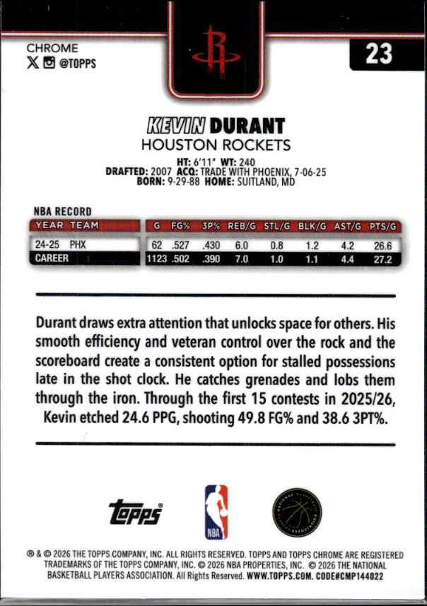 2025-26 Topps Chrome Update #23 Kevin Durant - baksida