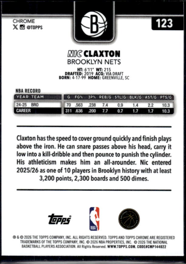 2025-26 Topps Chrome Update #123 Nic Claxton - baksida
