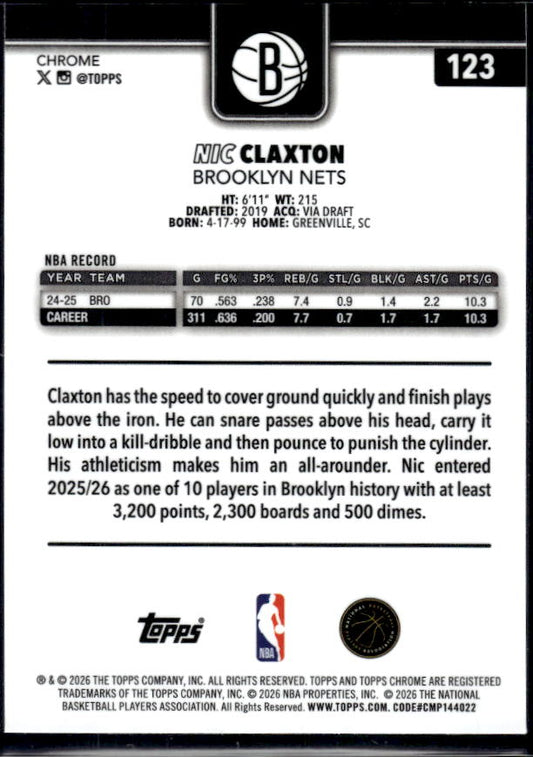 2025-26 Topps Chrome Update #123 Nic Claxton - baksida