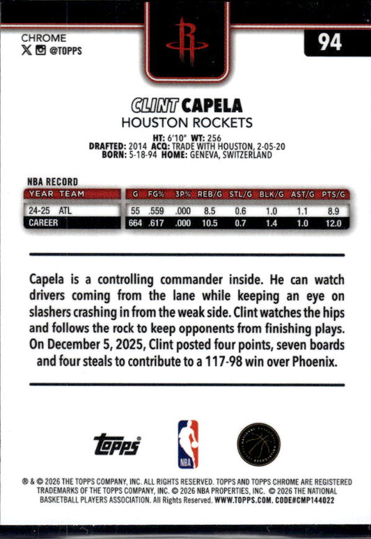 2025-26 Topps Chrome Update #94 Clint Capela - baksida