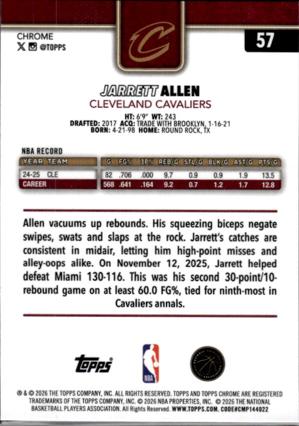 2025-26 Topps Chrome Update #57 Jarrett Allen - baksida