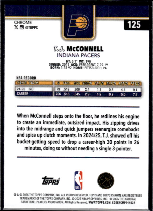 2025-26 Topps Chrome Update #125 T.J. McConnell - baksida