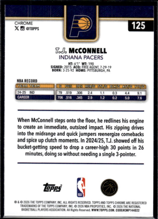 2025-26 Topps Chrome Update #125 T.J. McConnell - baksida