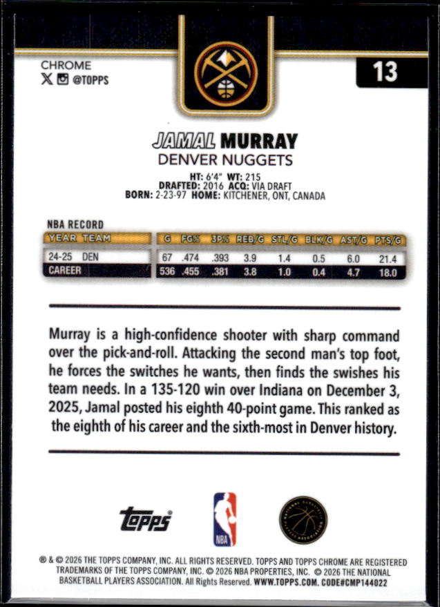 2025-26 Topps Chrome Update #13 Jamal Murray - baksida