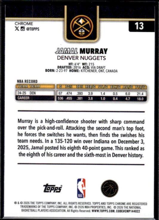 2025-26 Topps Chrome Update #13 Jamal Murray - baksida