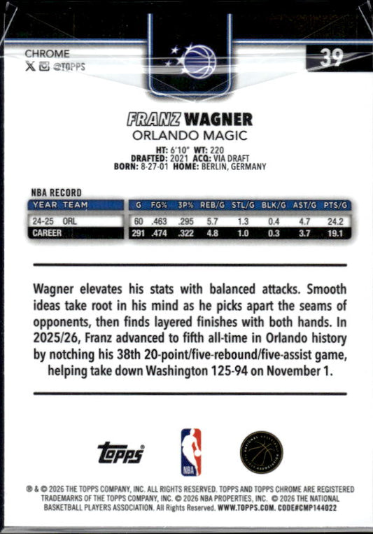 2025-26 Topps Chrome Update #39 Franz Wagner - baksida
