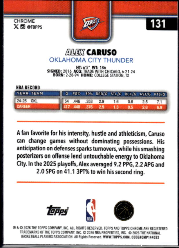 2025-26 Topps Chrome Update #131 Alex Caruso - baksida