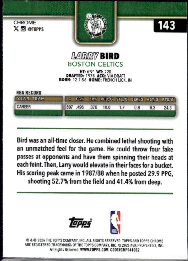 2025-26 Topps Chrome Update #143 Larry Bird - baksida