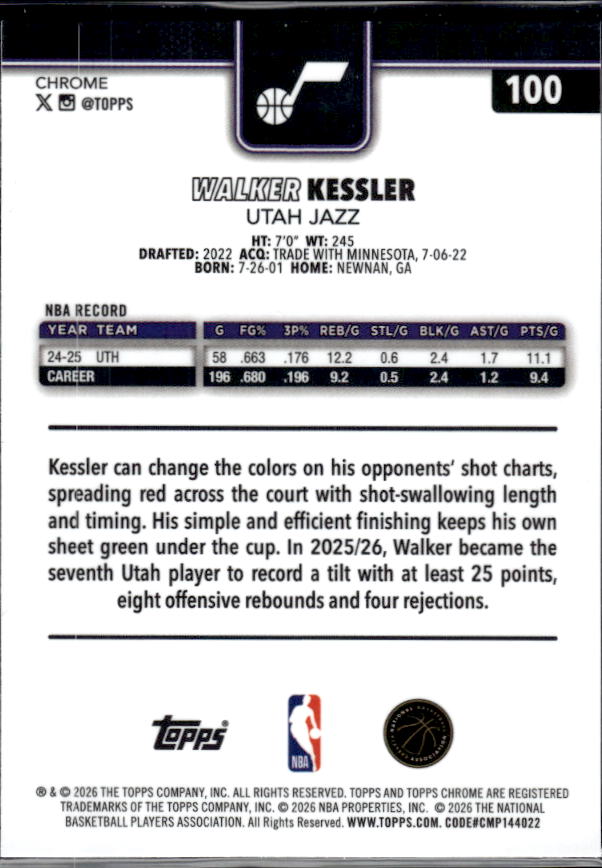 2025-26 Topps Chrome Update #100 Walker Kessler - baksida