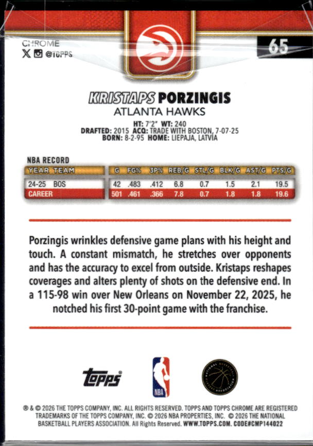 2025-26 Topps Chrome Update #65 Kristaps Porzingis - baksida