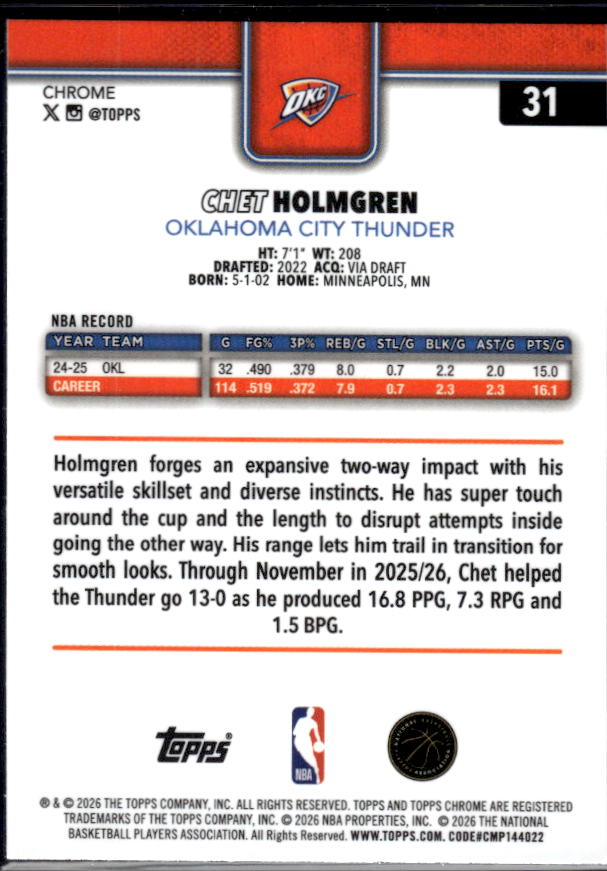 2025-26 Topps Chrome Update #31 Chet Holmgren - baksida