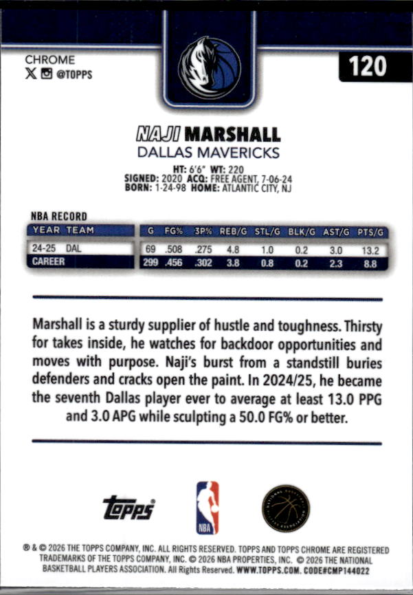 2025-26 Topps Chrome Update #120 Naji Marshall - baksida