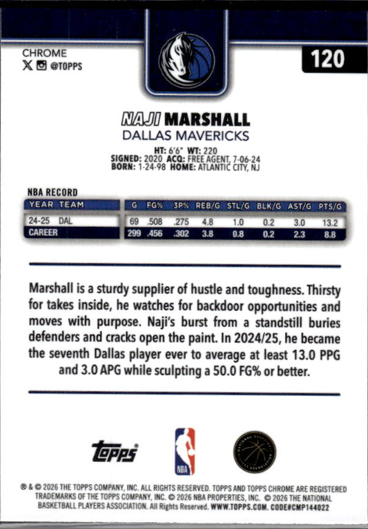 2025-26 Topps Chrome Update #120 Naji Marshall - baksida