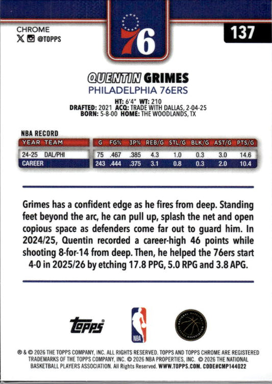 2025-26 Topps Chrome Update #137 Quentin Grimes - baksida
