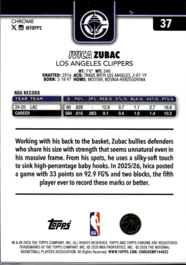 2025-26 Topps Chrome Update #37 Ivica Zubac - baksida