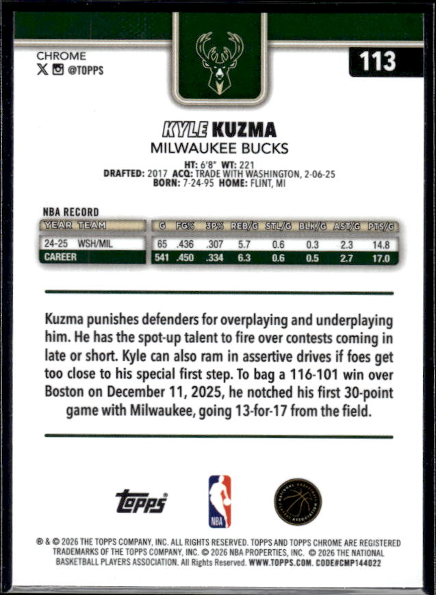 2025-26 Topps Chrome Update #113 Kyle Kuzma - baksida