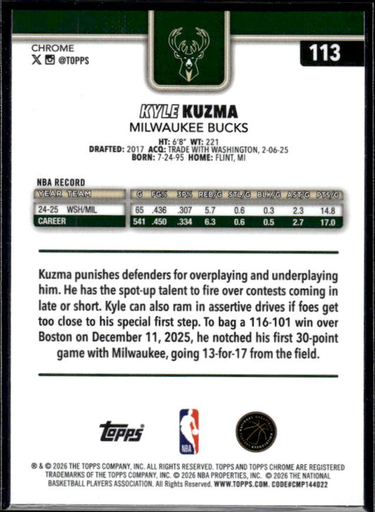 2025-26 Topps Chrome Update #113 Kyle Kuzma - baksida