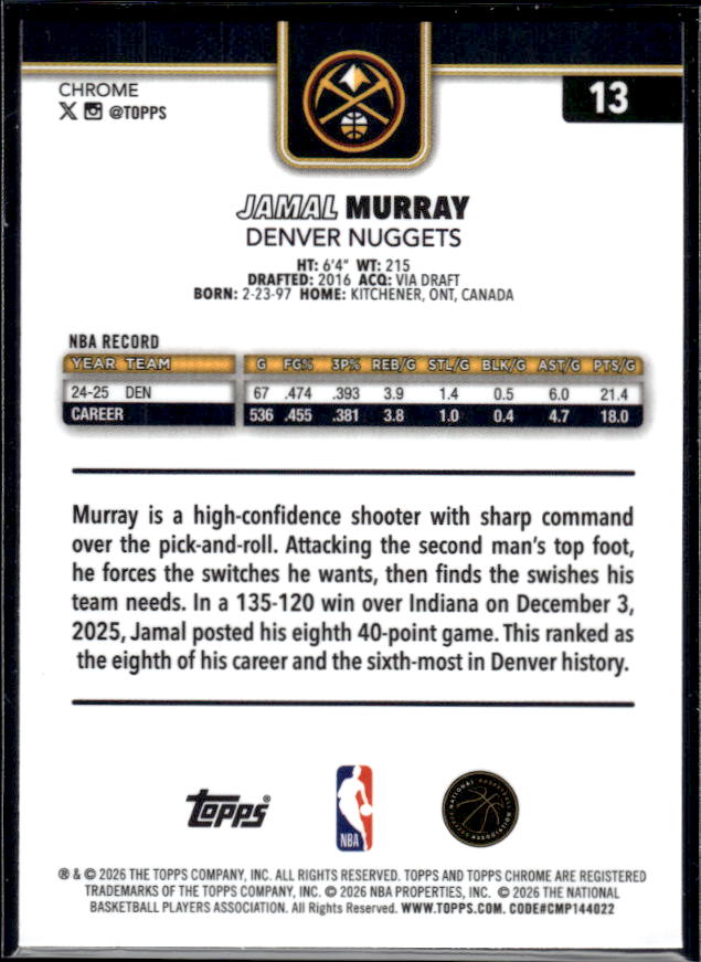 2025-26 Topps Chrome Update #13 Jamal Murray - baksida