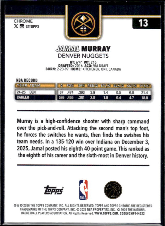 2025-26 Topps Chrome Update #13 Jamal Murray - baksida