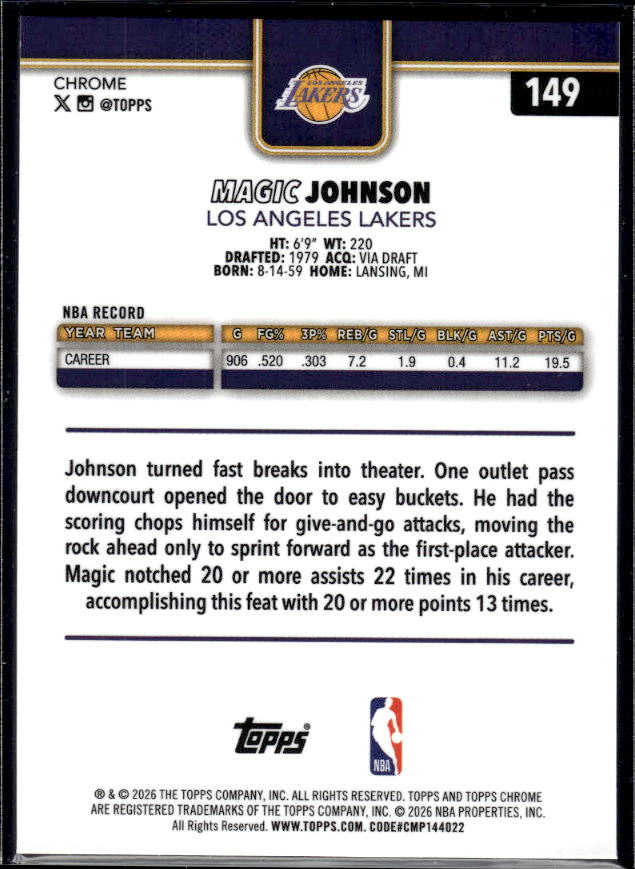 2025-26 Topps Chrome Update #149 Magic Johnson - baksida
