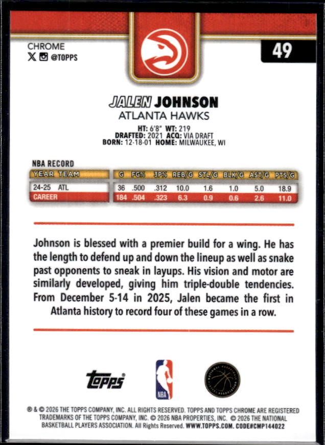 2025-26 Topps Chrome Update #49 Jalen Johnson - baksida