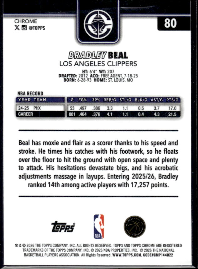 2025-26 Topps Chrome Update #80 Bradley Beal - baksida