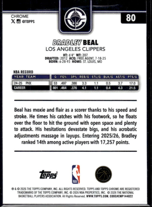 2025-26 Topps Chrome Update #80 Bradley Beal - baksida